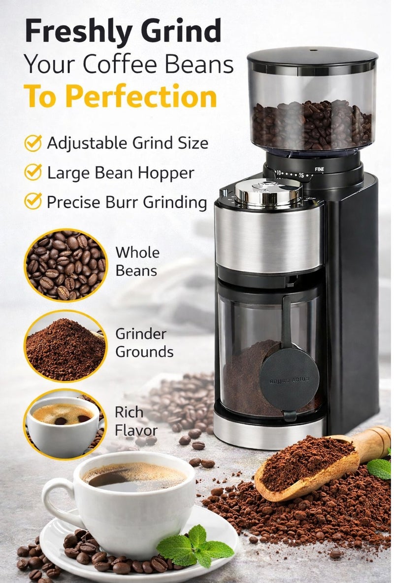 XVersion Coffee Bean Grinder, 250g Capacity Conical Burr Coffee Grinder, 200W Coffee Grinder, with 25 Grind Settings & 8-10 Cup Capacity, for 51mm/53mm Handle and Ground Coffee Beans - Image 1